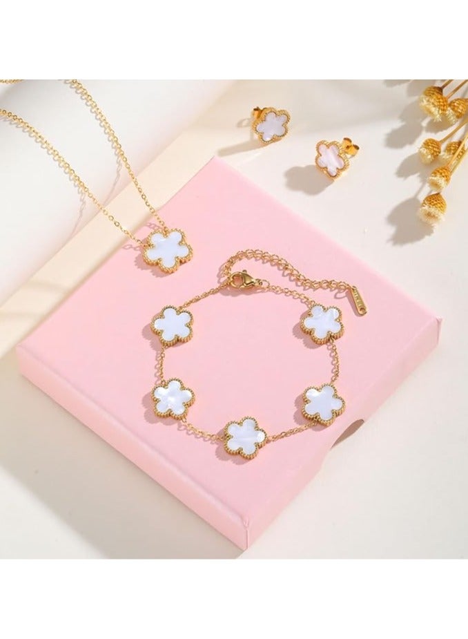TEMPO (3 Pcs) Clover Necklaces Bracelets Earring Set - 18K Gold Color Plated Flower Bracelet Chain,Stainless Steel Non Tarnish Floral Pendant Stud Jewelry Sets,Four Leaf Clover Lucky Gift for All Occasion - Image 2